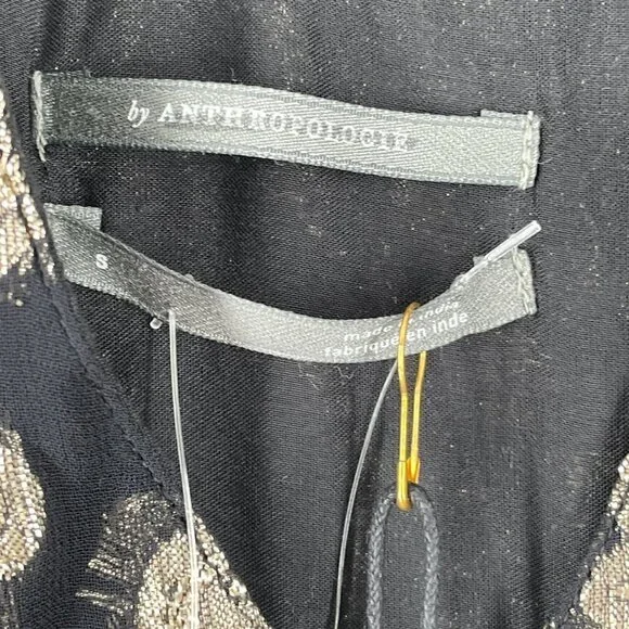 NWT Anthropologie Black Gold Foil Metallic V-Neck Ruffled Tiered Mini Dress S - Picture 9 of 12